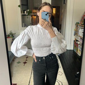 Ganni White Poplin Smocked Blouse